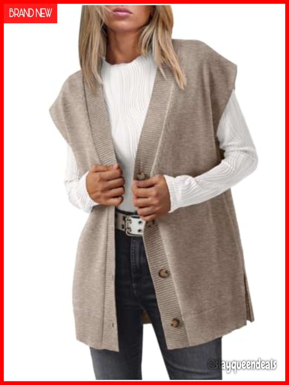 Oversized Ribbed Knit Sweater Vest Button Up V Neck Cap Sleeve Loose Fit